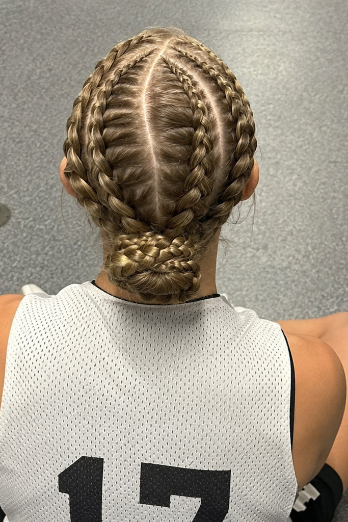 Real teenage girl with blonde layered feed-in Dutch braids styled into a low braided bun, viewed from an overhead back angle while sitting on a gym locker room floor.
