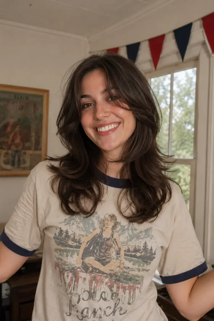 Cheerful young woman with medium-length layered dark brown hair featuring soft flipped ends, smiling naturally in a retro-inspired indoor setting. Her realistic skin texture and authentic features are highlighted by warm natural light