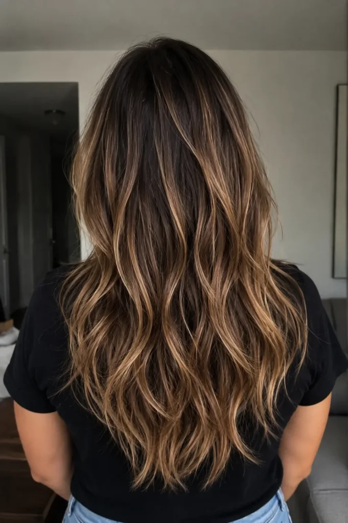 Back view of a real woman with long layered brunette hair featuring warm balayage highlights. Soft waves and textured layers showcase the dimensional color blend
