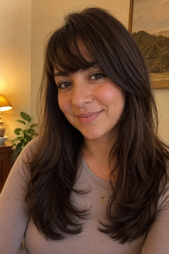 woman with long dark brown layered hair and soft side bangs, showcasing flowing layers and feathered ends.