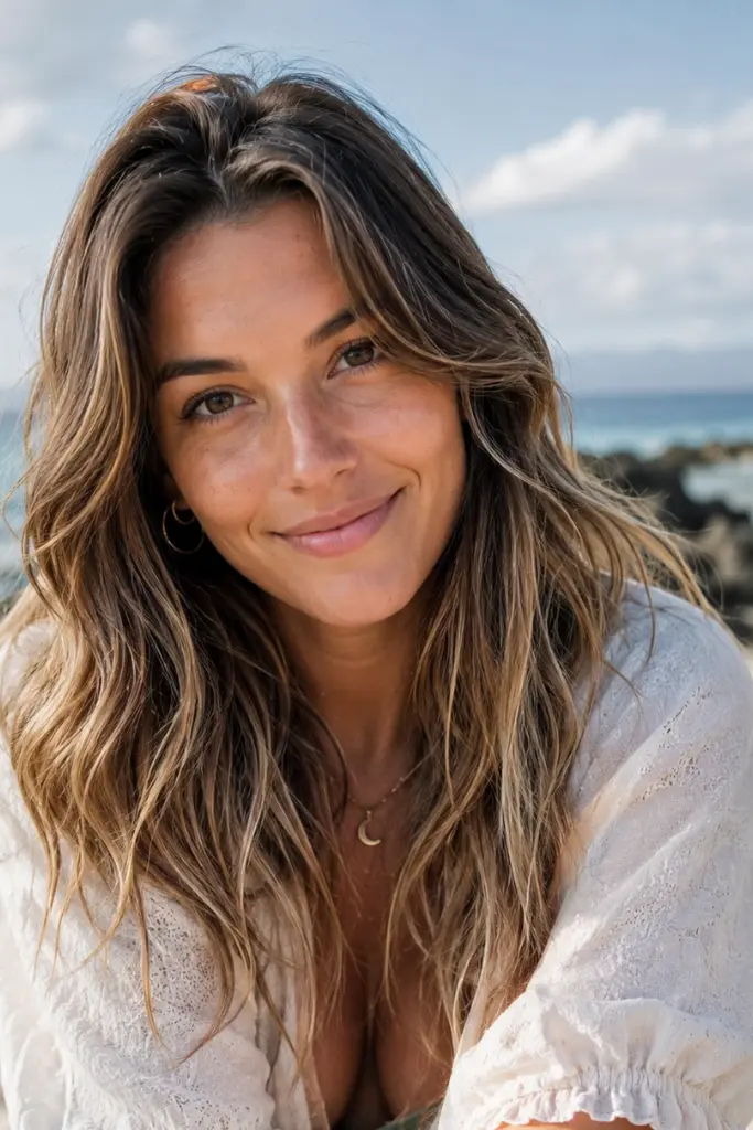 woman with layered hair styled in soft balayage waves, featuring dimensional blonde highlights and natural texture. She has realistic skin, authentic facial features, and a relaxed smile. Beach-inspired lighting enhances the movement and shine of her wavy hair