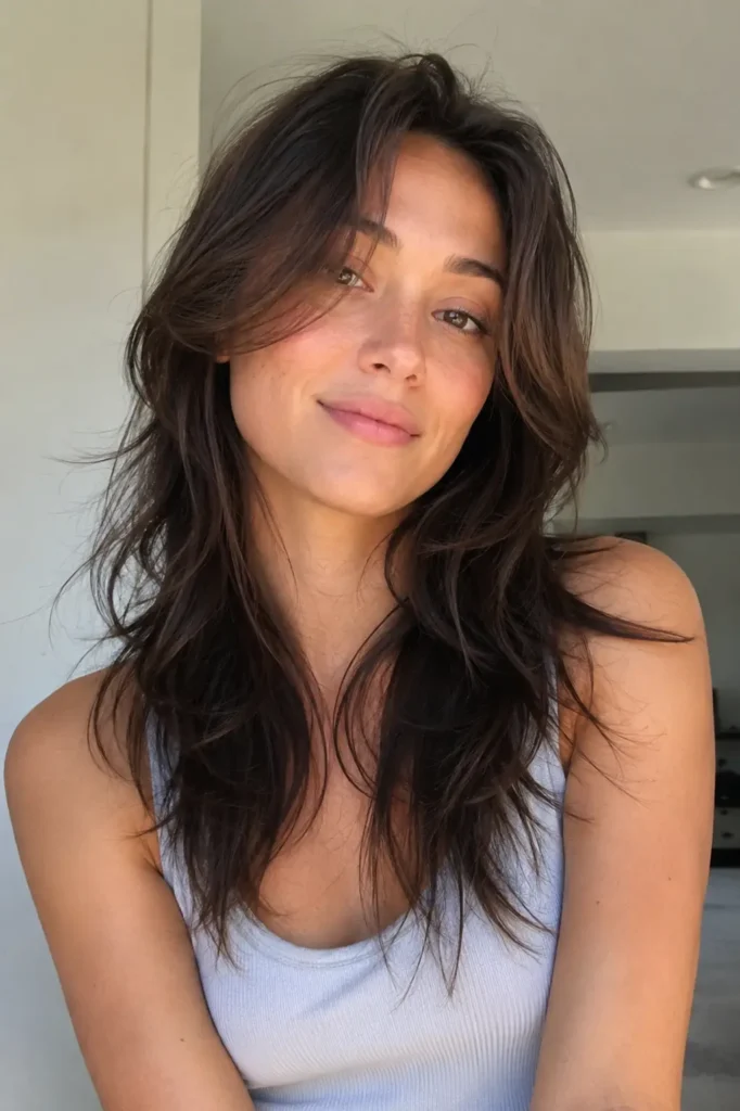 Young woman with layered dark brown hair featuring wispy ends and airy texture, styled with soft movement and face-framing layers.