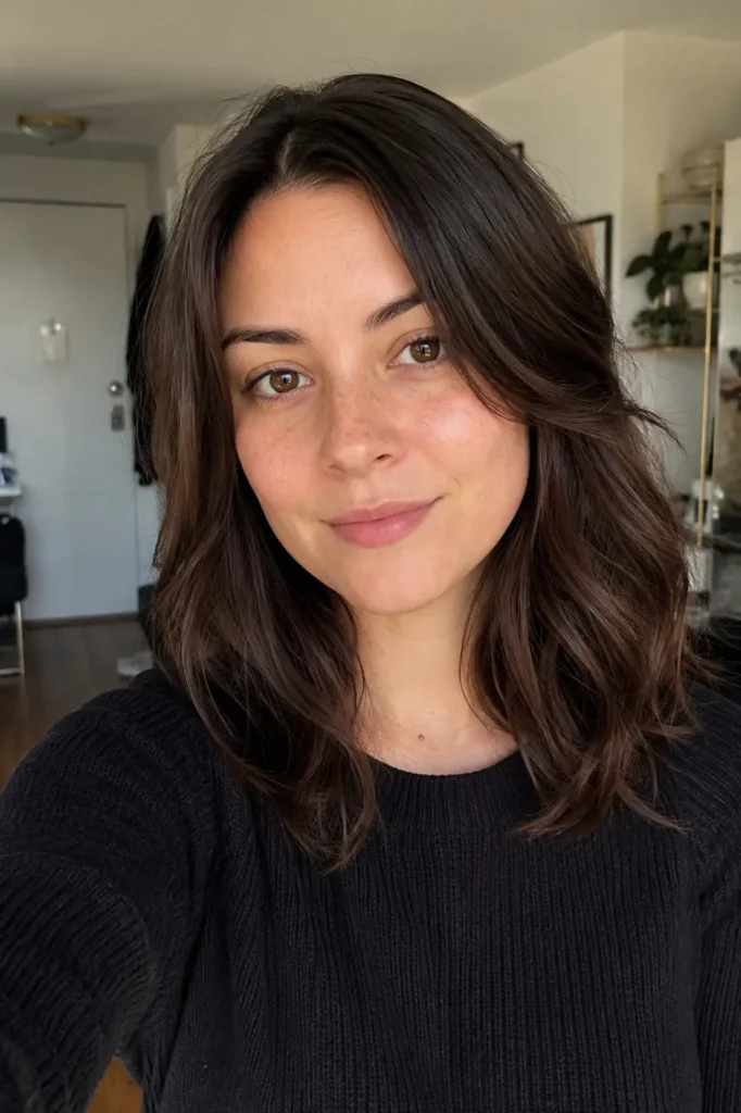 a A real young woman with a square face shape and layered long bob hairstyle styled in soft loose waves, photographed indoors in natural daylight with realistic hair shine and texture, wearing a casual dark sweater