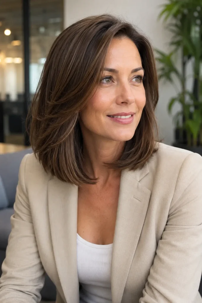 woman in her mid-30s with a sleek invisible-layered lob hairstyle, fine hair styled to appear thick and voluminous, seated in a warm professional indoor setting. She wears a smart casual beige blazer with minimal makeup