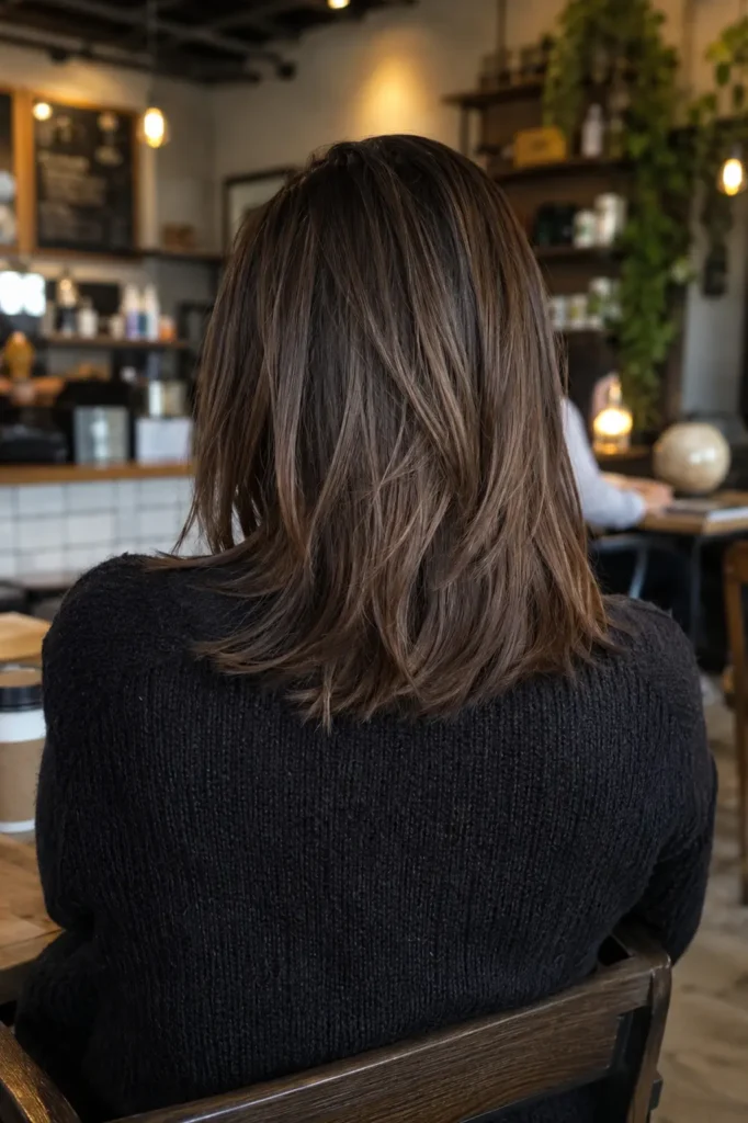 Back view of a real woman in her late 20s to early 30s with a layered lob haircut featuring soft, feathered ends and natural movement