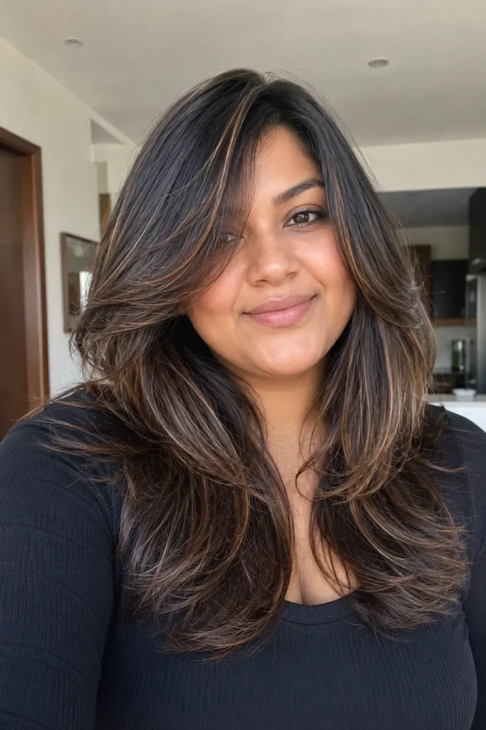 a plus-size woman with a layered medium haircut and subtle caramel highlights, styled with soft volume and movement