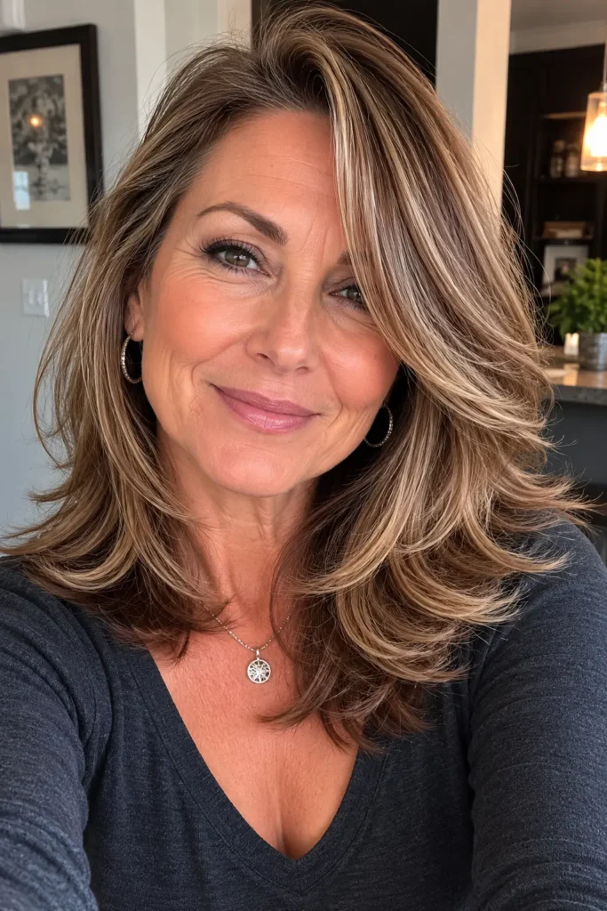 a side part on a realistic woman around 50–60 years old, featuring natural volume and textured layers. Authentic facial features and natural skin texture with soft hair movement, casual appearance