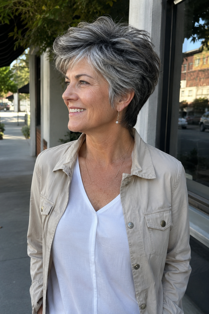 A happy woman in her late 50s with a voluminous layered pixie cut for thick salt-and-pepper hair stands outdoors in natural daylight. She wears casual-smart neutral clothing