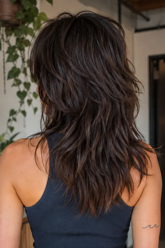 Back view of a real woman with a modern layered shag haircut, showcasing textured, feathered layers and natural movement