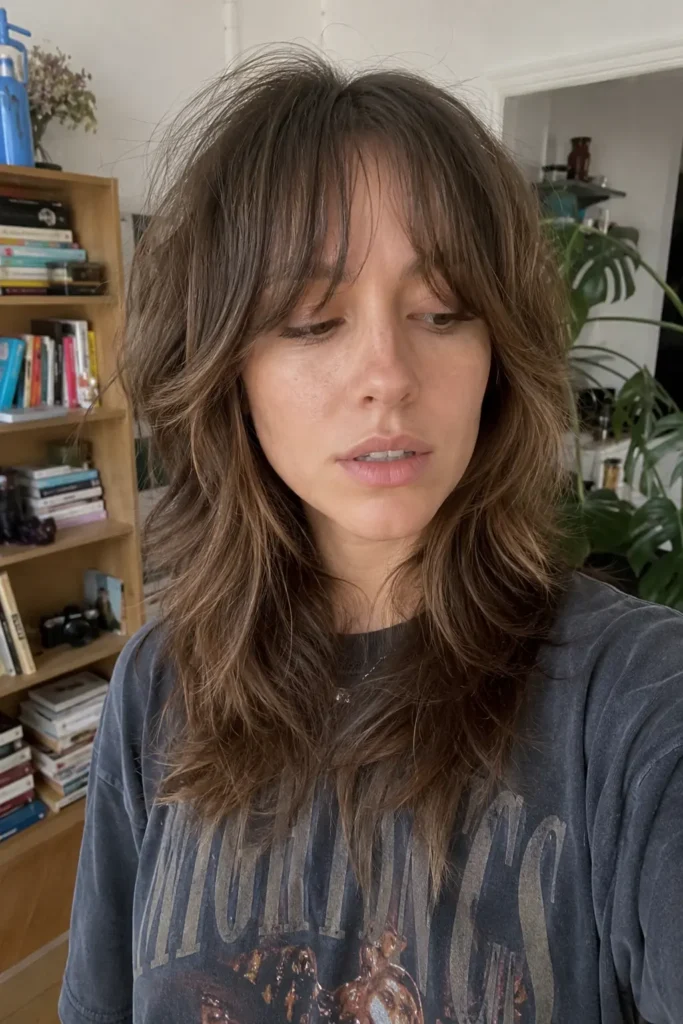a young woman with a long face shape and layered shag haircut, featuring soft textured waves and airy volume around the cheeks