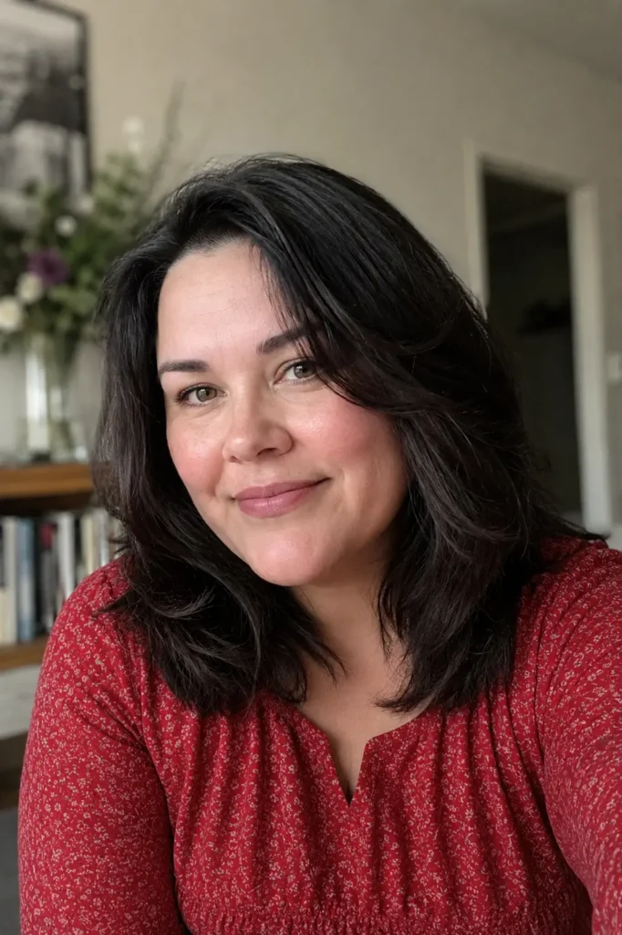 Plus-size woman with a layered shoulder-length haircut and soft face-framing layers, wearing a modest red dress indoors under natural light