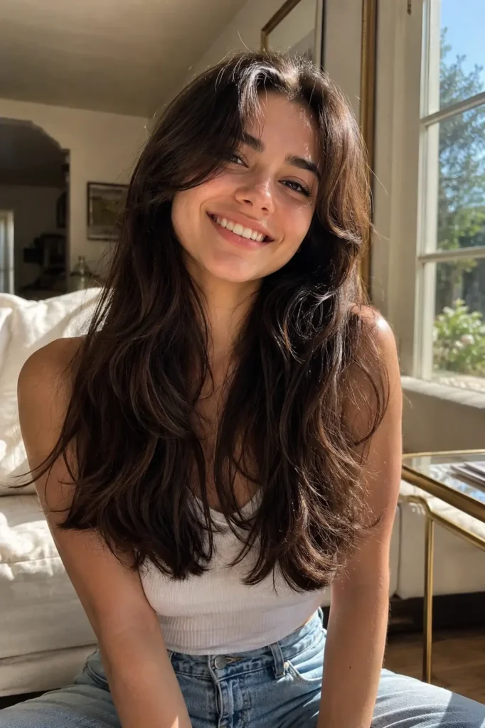 Young woman with thick layered U-cut wavy hair smiling in natural sunlight inside a cozy room, wearing a casual white tank top and jeans