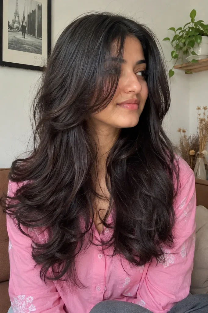 Real young woman with long thick dark wavy hair in a layered V-cut style, wearing a pink shirt in a cozy indoor setting with soft natural daylight