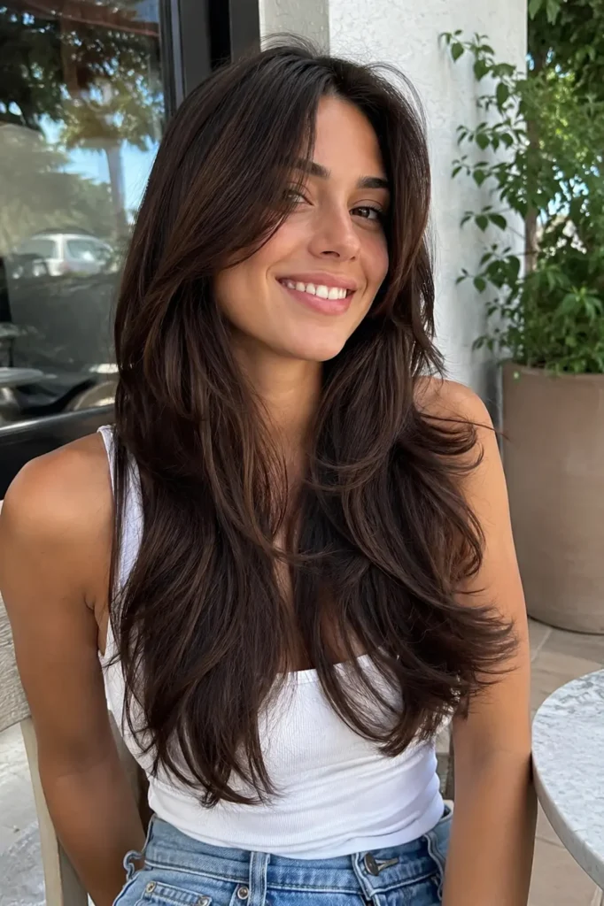 Real girl with long layered thick dark brown hair smiling in natural daylight, showing soft feathered layers and natural hair movement