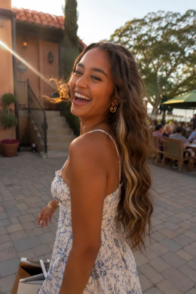 A young woman with warm tan skin laughs candidly while turning toward the camera in golden hour light. Her long light brown deep wave hair with subtle blonde peekaboo highlights flows in the breeze