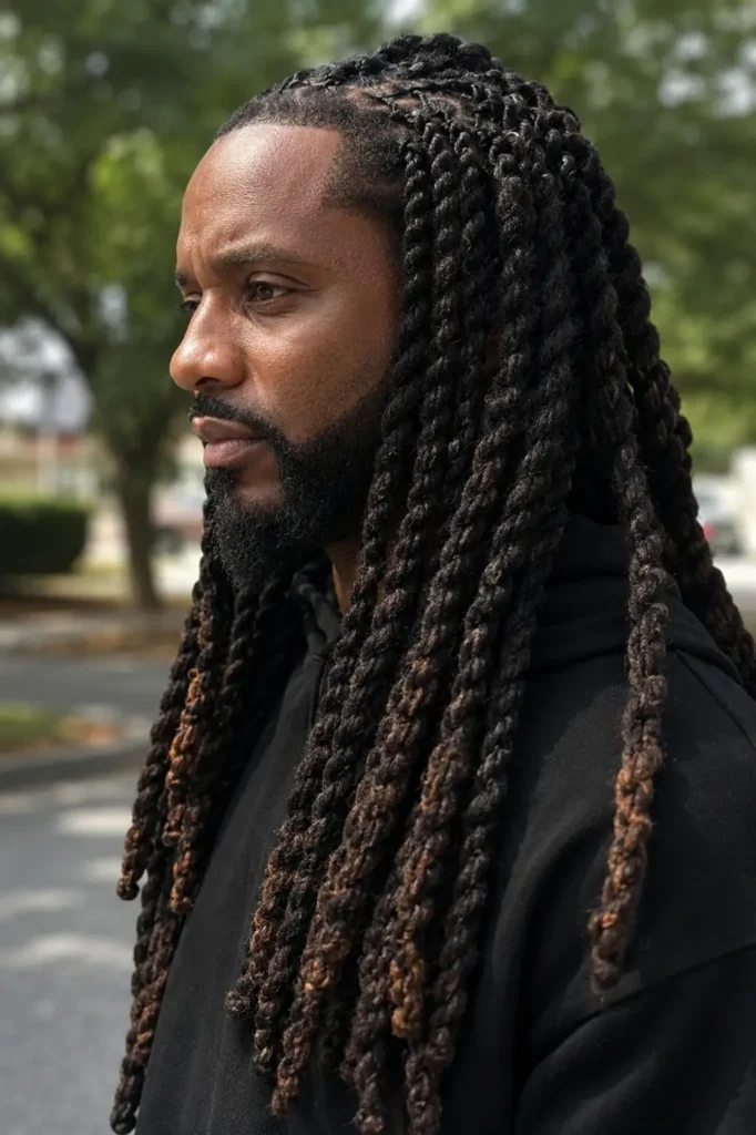 Real Black man with long barrel twist locs and a neatly groomed beard standing outdoors in a casual black hoodie