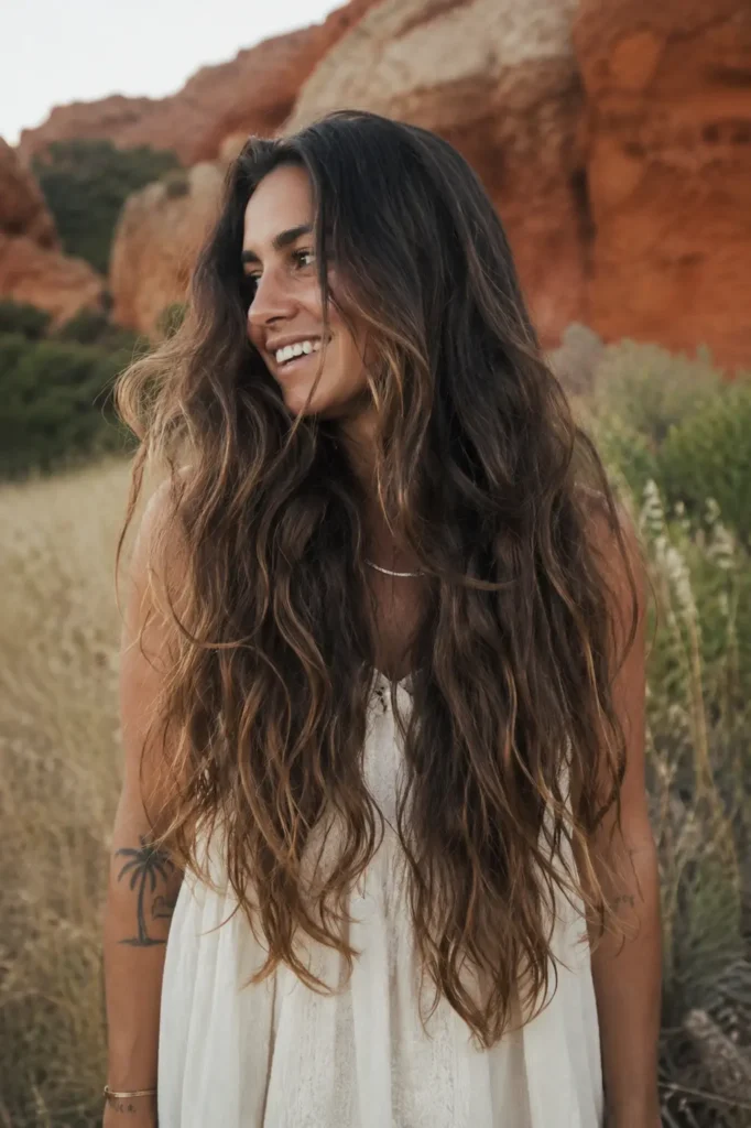 Young woman with long thick wavy boho hair smiling outdoors in warm natural light, wearing a flowy white dress in a relaxed earthy landscape