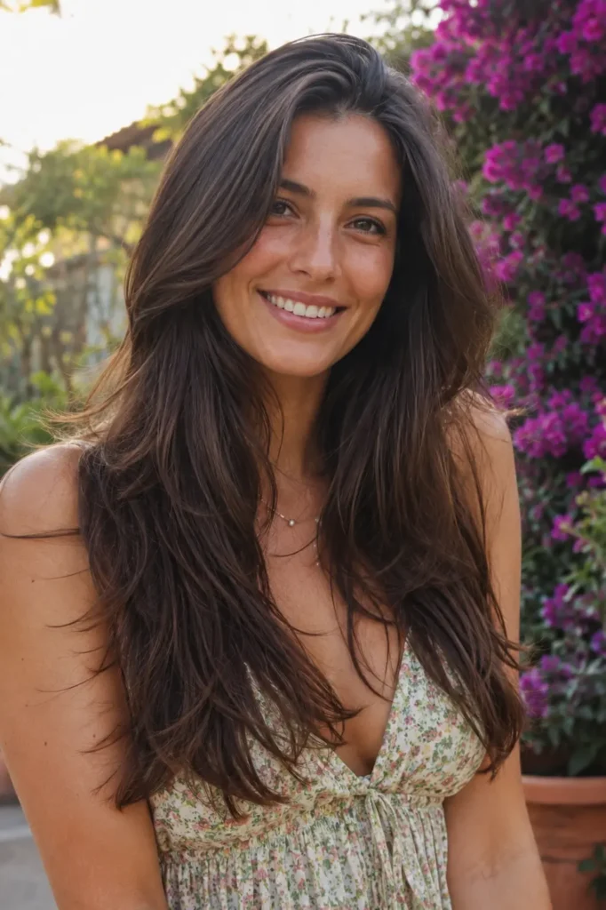 Woman with long cascading layered dark brown hair and a natural smile, wearing a light floral summer dress outdoors. The flowing layers and shiny texture are highlighted in warm natural daylight