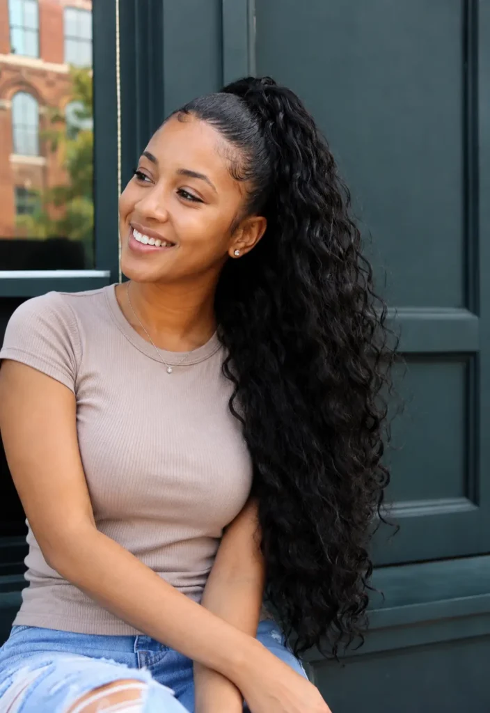 young woman with a long curly quick weave ponytail hairstyle featuring soft, voluminous curls cascading over one shoulder