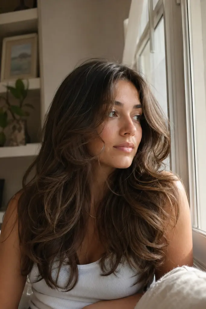 woman with long feathered thick wavy brown hair sitting beside a window in soft natural daylight, wearing a casual white top in a cozy home setting