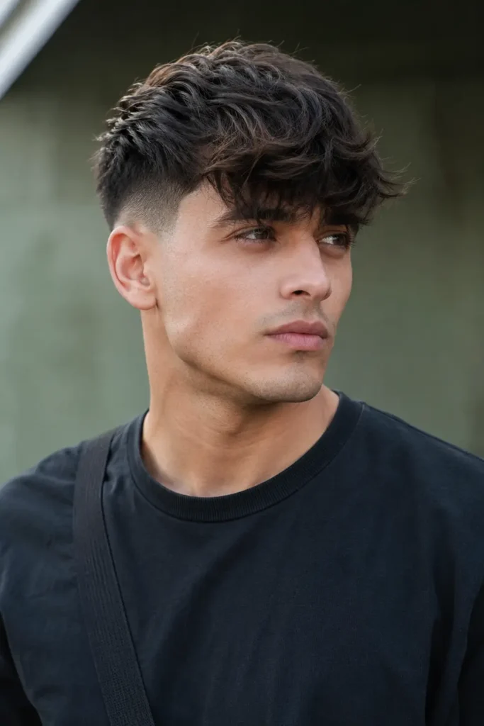 a young man in his 20s with a long fringe fade hairstyle, featuring textured dark hair falling naturally across the forehead with clean fade sides
