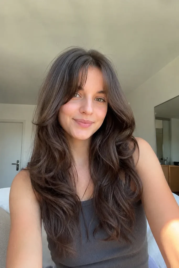young woman with long layered dark brown hair and soft curtain bangs, styled with flowing waves and natural volume. She has realistic skin texture, subtle natural makeup, and a gentle smile.