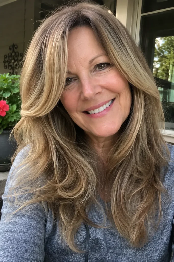 a woman around 50–60 years old with long layered hair and face-framing pieces. Her hair has soft natural movement, visible fullness, and textured layers framing her face