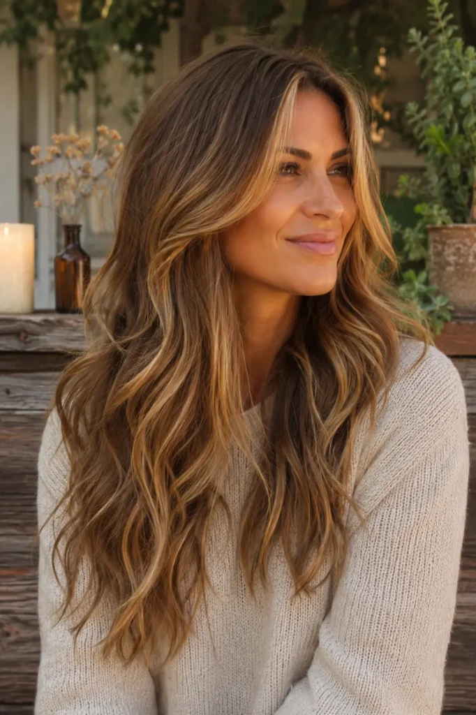 woman with long layered mermaid-style thick wavy hair, soft golden hour lighting highlighting natural shine and movement