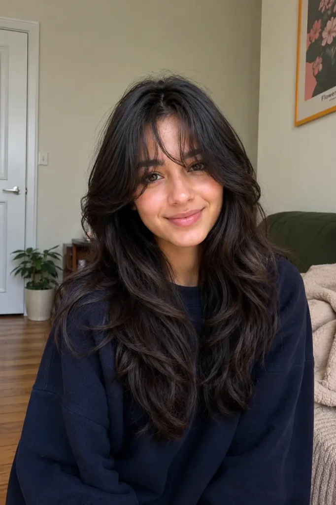 A real girl with a long layered wolf cut hairstyle featuring flowing feathered layers, soft curtain bangs, and loose natural waves.