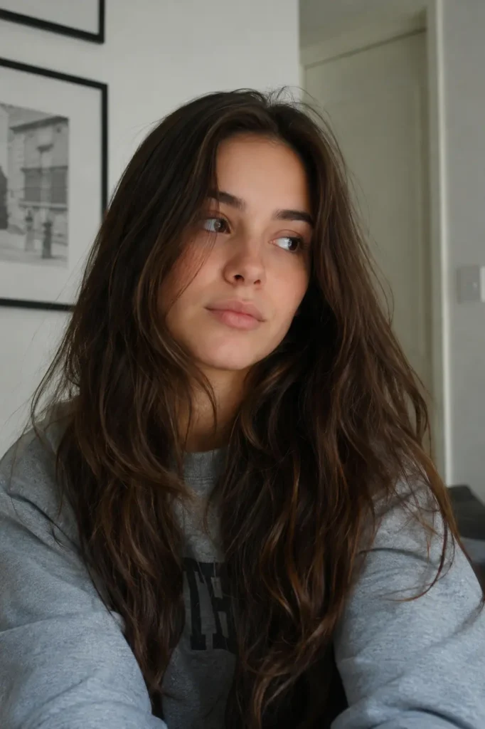 young woman with an oval face shape and long layered dark brown hair, sitting indoors in soft natural daylight. She wears a casual grey sweatshirt and looks slightly to the side with a calm, candid expression