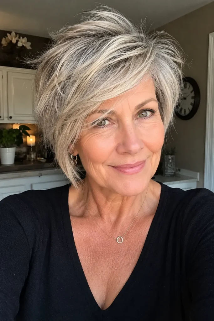 a woman around 50–60 years old with a long pixie hairstyle and side-swept bangs. Her hair has soft movement and texture with natural volume, taking up most of the frame. She has authentic facial features,