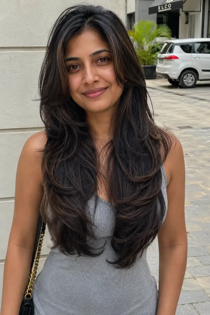 young woman with long, dark V-cut layered hair cascading past her chest. The hairstyle features soft, feathered layers with natural shine and movement, framing her face and creating volume throughout the lengths