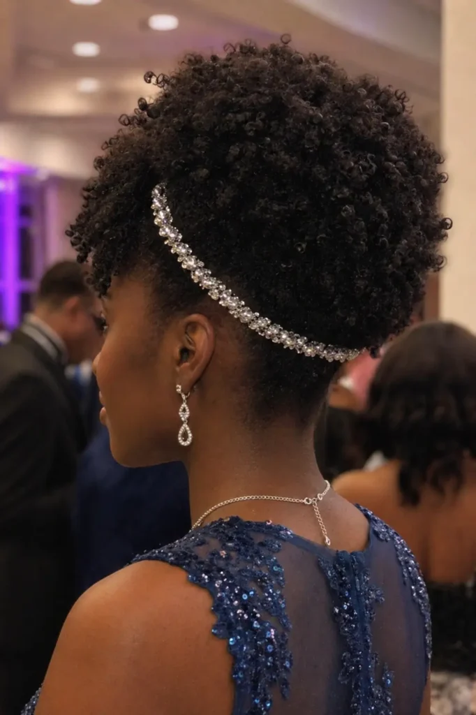 Side profile close-up of a Black teenage girl at prom with a voluminous natural afro, adorned with a jeweled headband, wearing elegant earrings and a navy sequined dress in a softly lit indoor setting