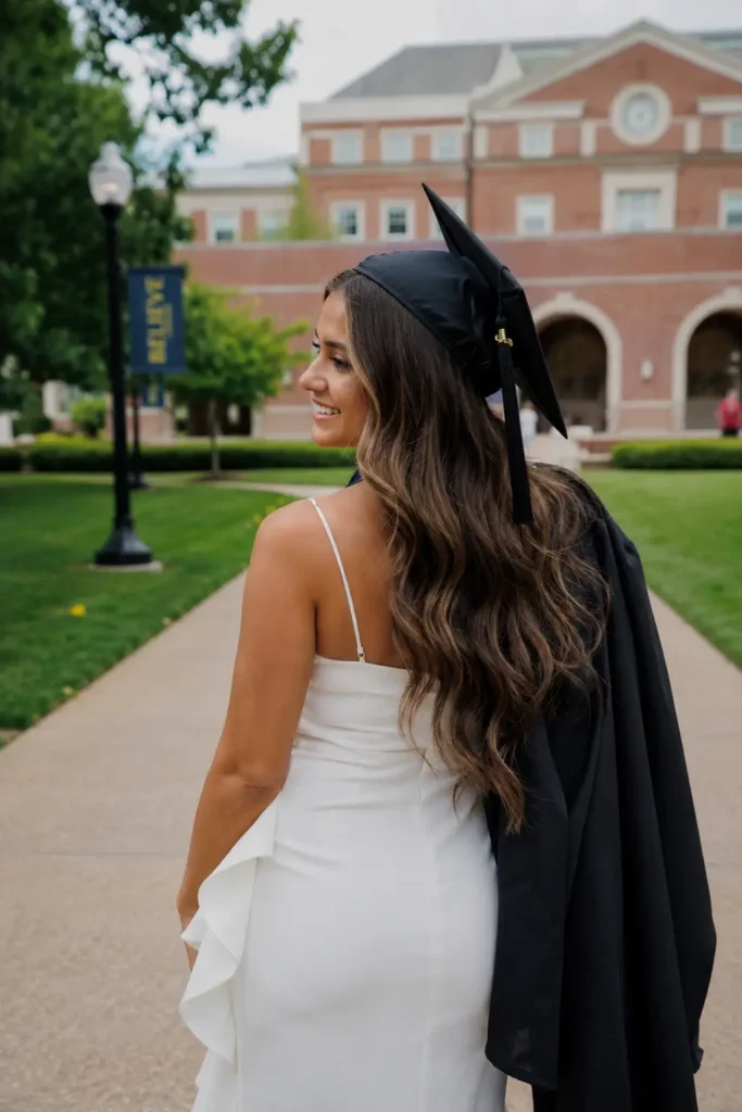 Back view of a real young woman with loose beach-wave graduation hairstyle, wearing a graduation cap slightly pushed back to reveal soft textured waves.