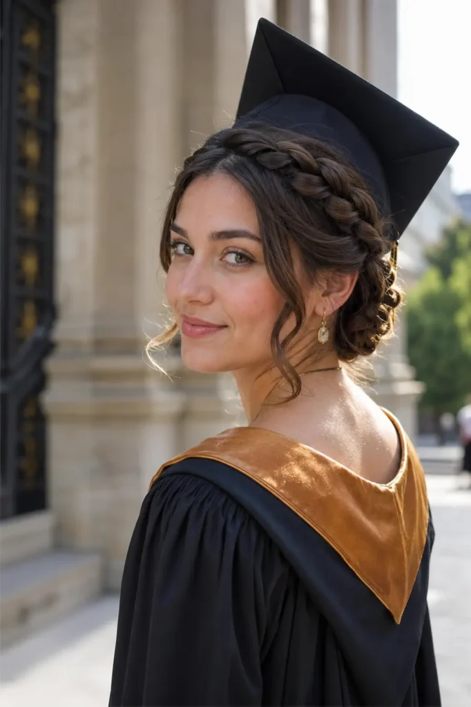 Loose braided crown graduation hairstyle on a real young woman in a graduation gown, wearing a cap slightly pushed back to reveal braid details
