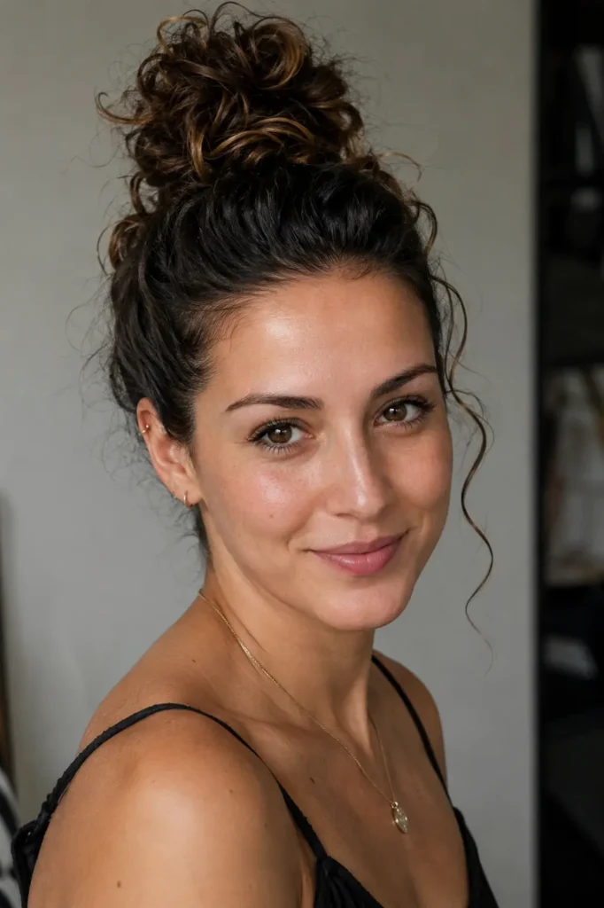 a real woman with a loose curly bun and slicked-back crown hairstyle, featuring realistic curls, natural skin texture