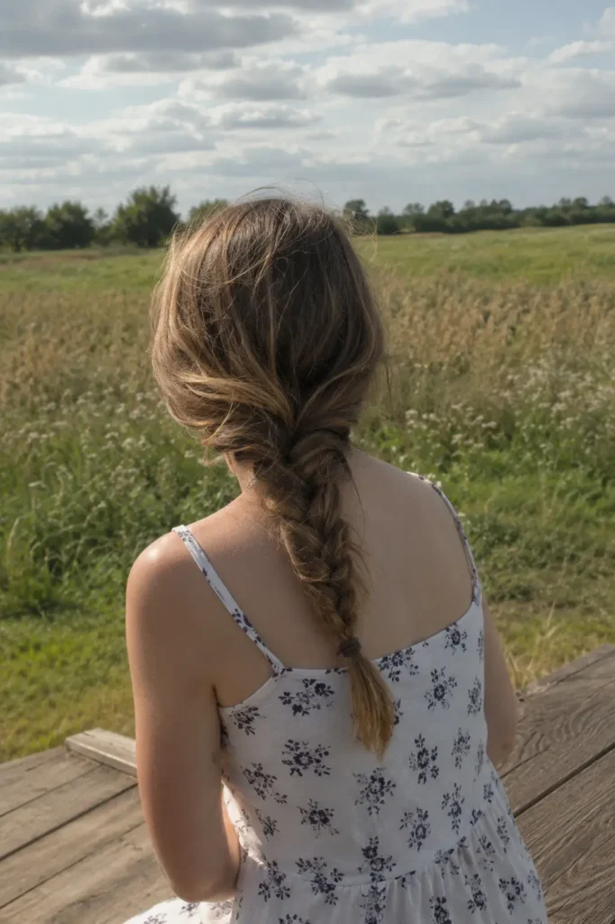a real woman with medium-length hair styled in a loose fishtail braid, standing outdoors in natural light. She wears a casual white dress with a subtle floral print,