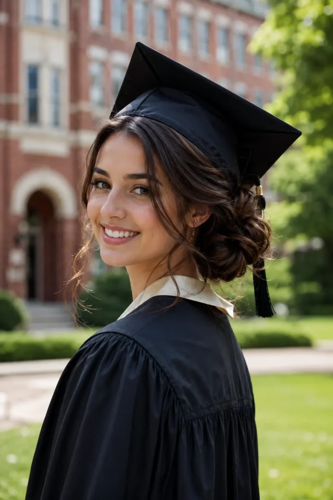 young woman with a loose side bun graduation hairstyle smiling naturally on a university campus. She has authentic facial features, natural skin texture, and wears a graduation cap slightly pushed back to reveal hairstyle details