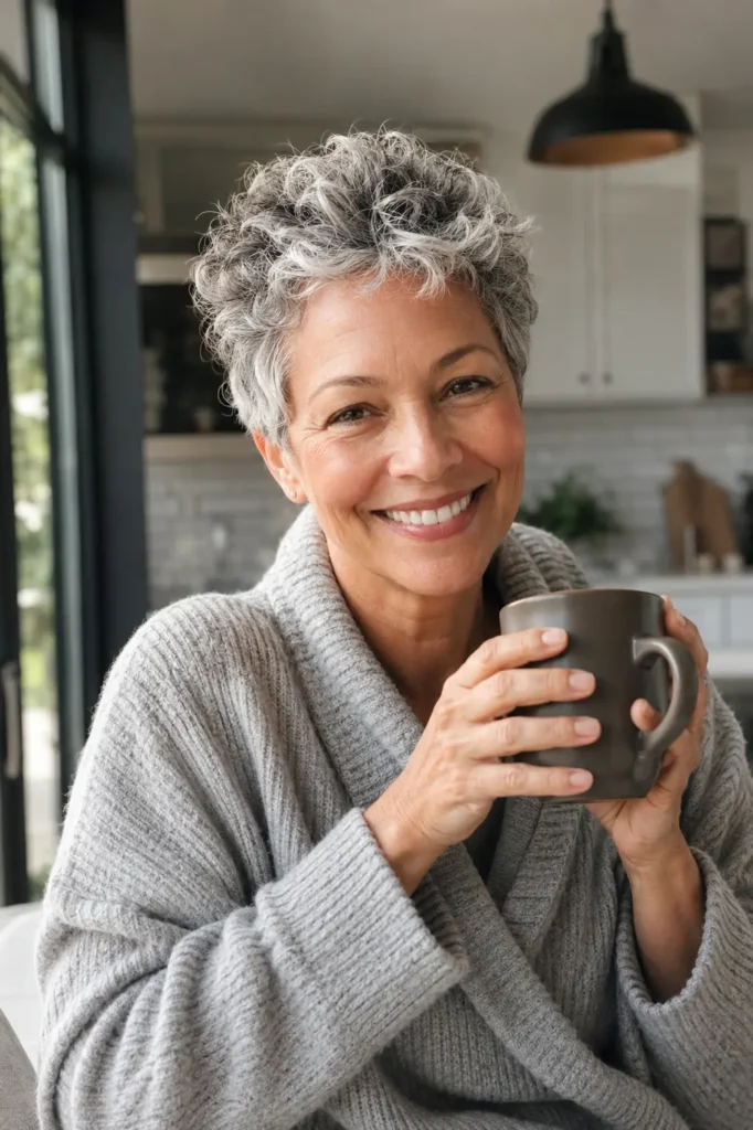 Alt text: A real woman in her late 50s with a natural wash-and-go pixie haircut and softly textured silver-gray hair smiles warmly while holding a dark coffee mug in a bright modern kitchen. Wearing a cozy gray sweater, she sits in gentle morning light