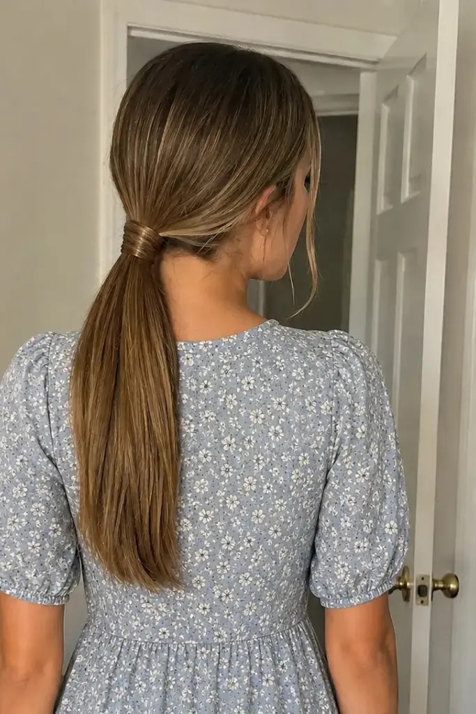 A real girl viewed from the back indoors, wearing a modest light blue floral dress with puff sleeves and a tiered skirt. Her medium-length straight brunette hair is styled in a low ponytail wrapped with a section of hair