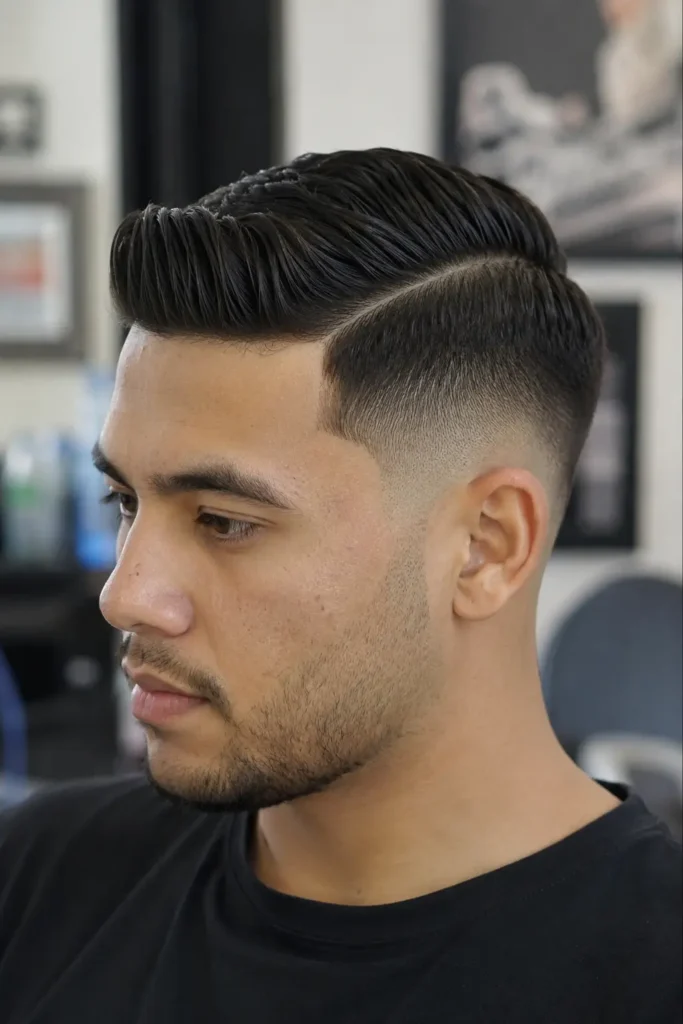 young man with a low taper fade and sharp side part haircut, featuring clean fade transitions, natural skin texture,