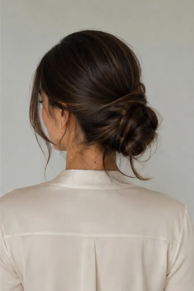 the back view, highlighting the low bun hairstyle and the clean drape of the blouse, set against a plain gray background.