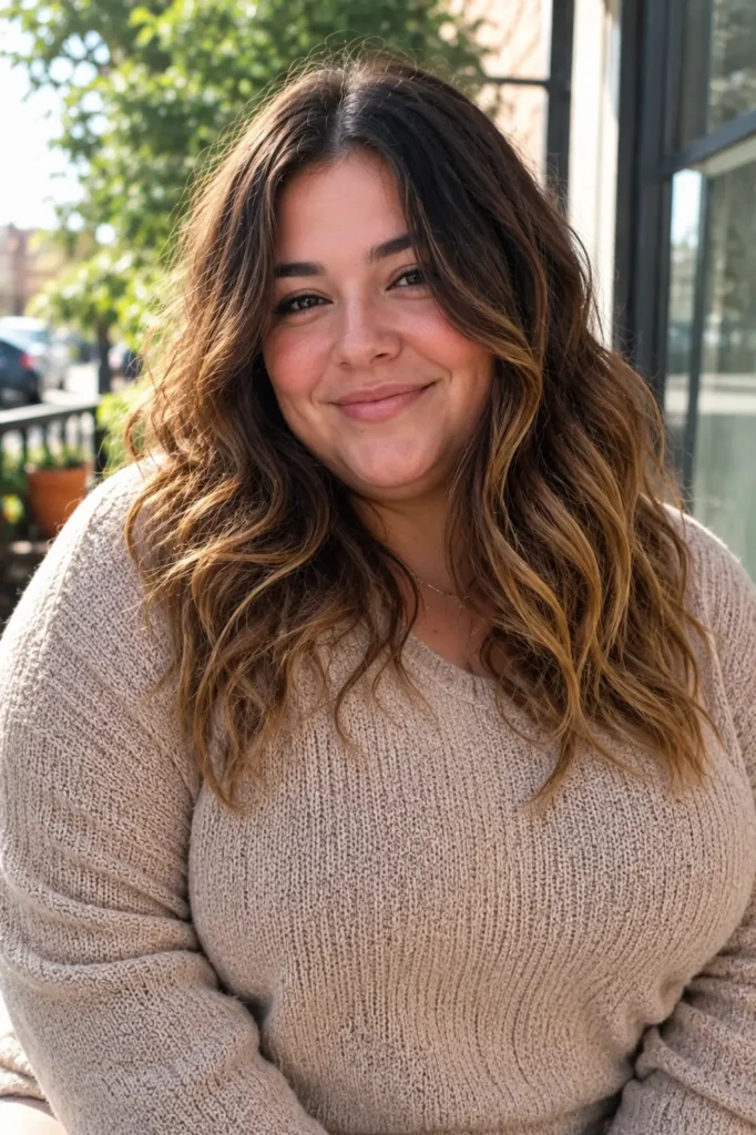 Plus-size woman with medium-length beach waves starting below the cheeks, featuring soft tousled texture and natural movement.