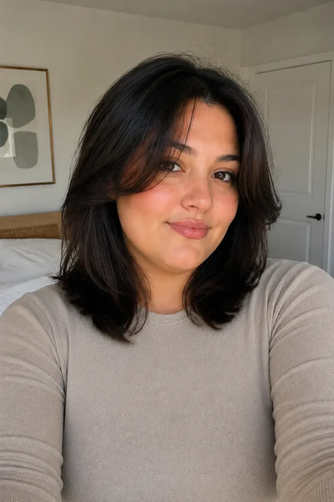 Plus-size woman with a medium-length layered haircut and soft face-framing layers around the cheeks, styled with natural volume and smooth texture.