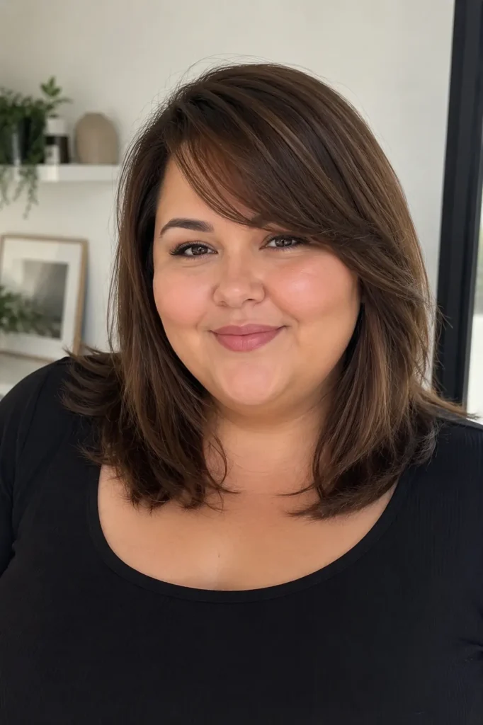 a plus-size woman with a medium shoulder-length haircut, soft layered ends, and side-swept bangs featuring a diagonal fringe detail,