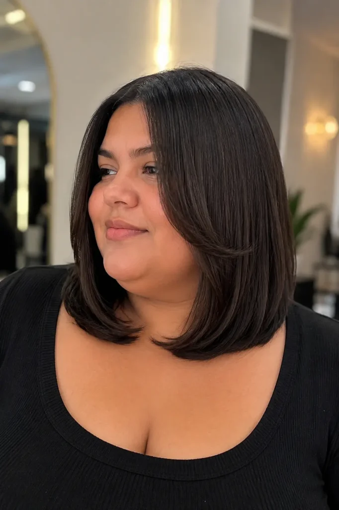 a plus-size woman with a sleek medium straight haircut featuring softly inward-curved ends. Her glossy dark hair frames the jawline beautifully under warm indoor lighting