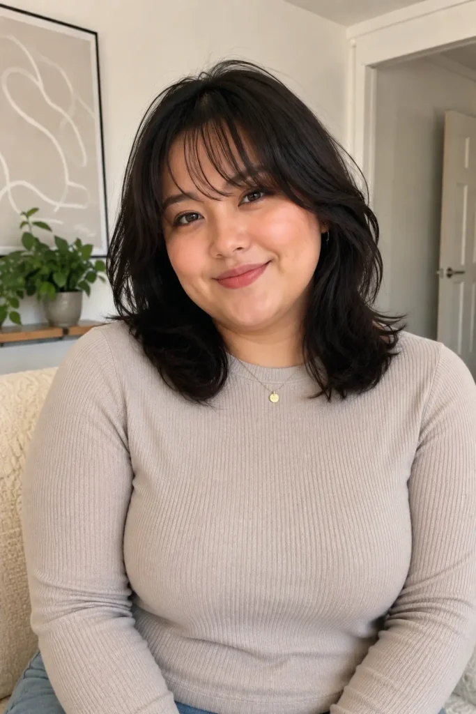 Alt text: Photorealistic portrait of a plus-size young woman with a medium layered haircut and soft wispy bangs lightly covering her forehead. She is wearing a modest long-sleeve beige top