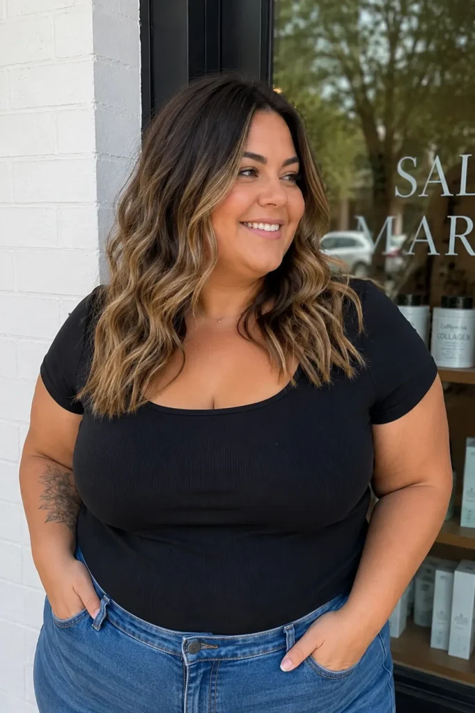 a confident plus-size woman with medium-length loose waves and natural balayage highlights, standing outdoors in soft daylight.