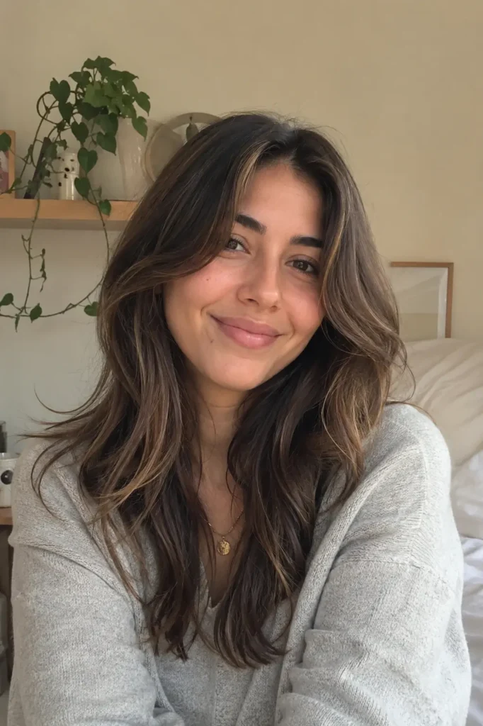 Young woman with medium-length layered hair styled in soft curtain waves, smiling naturally in a cozy indoor setting
