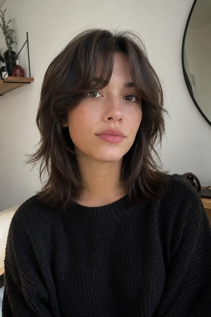  a young woman with a medium-length wolf cut hairstyle featuring textured shoulder-length layers and soft curtain fringe